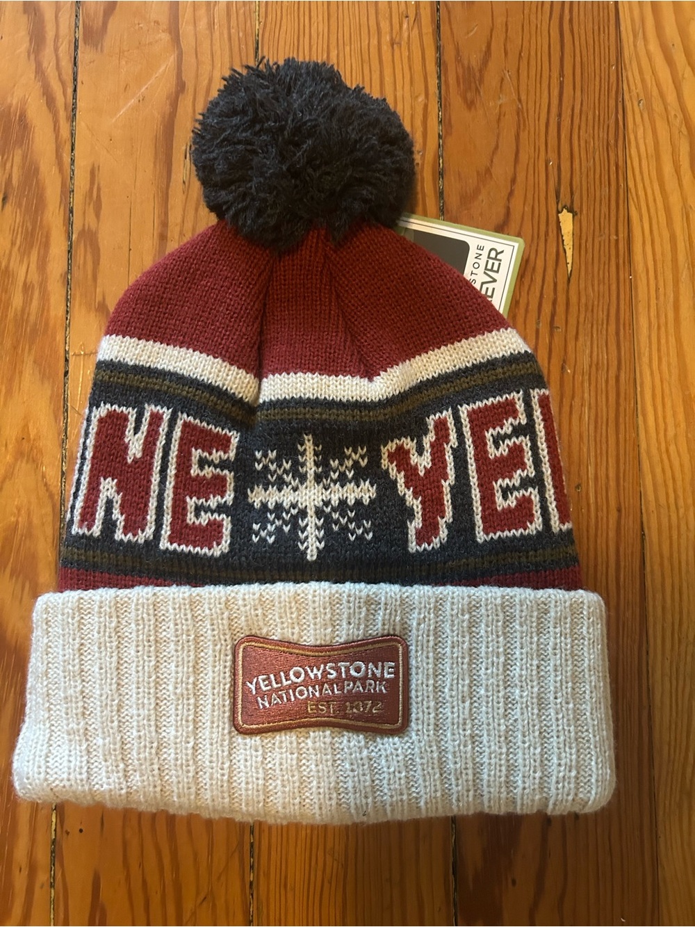 Yellowstone National Park Burgundy and Cream Pom Beanie